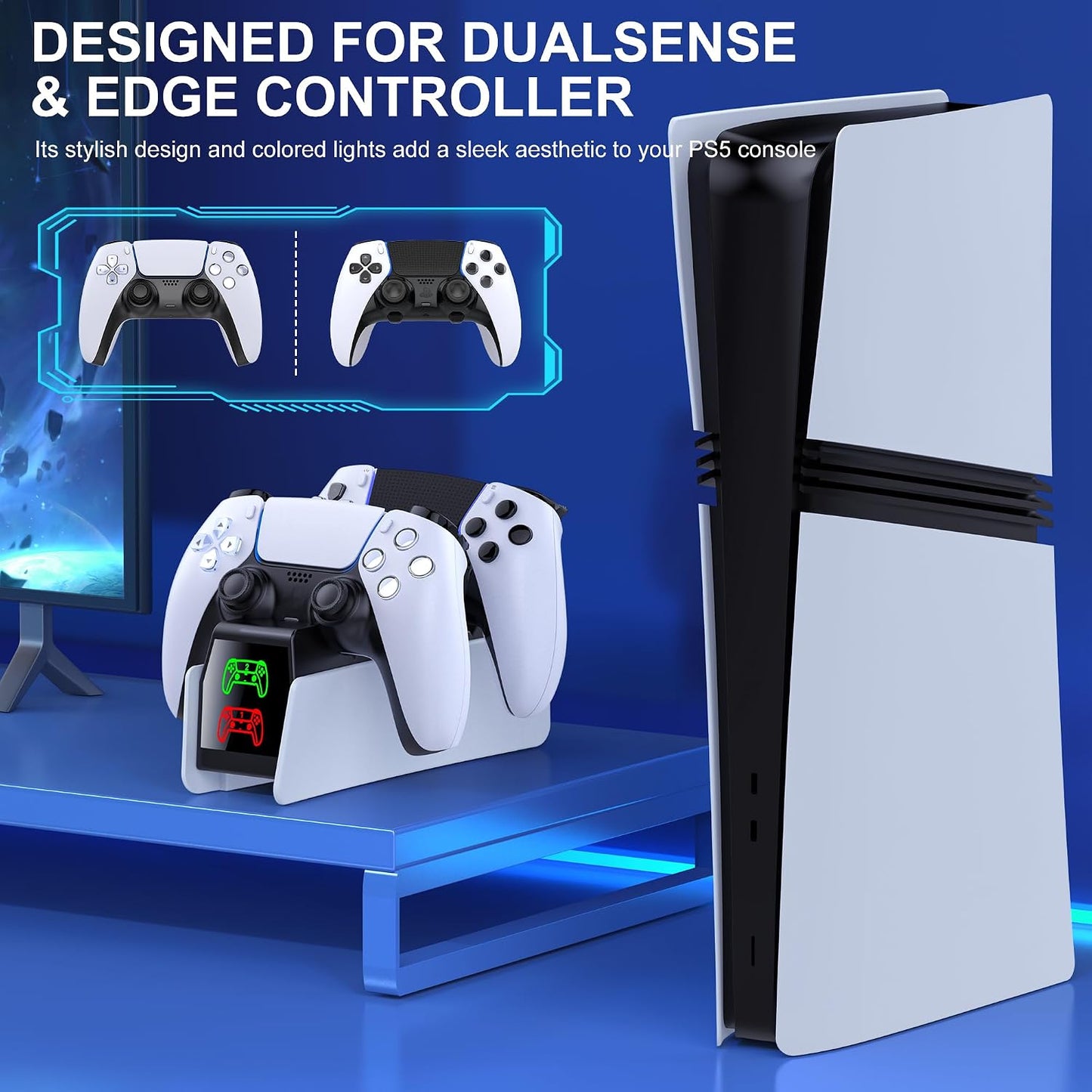 PS5 Controller Charger - 2H Fast PS5 Charging Dock for Play-Station Dual-Sense & Edge Controller, Upgrade PS5 Charging Station with LED Charging Indicate/Usb C Cable