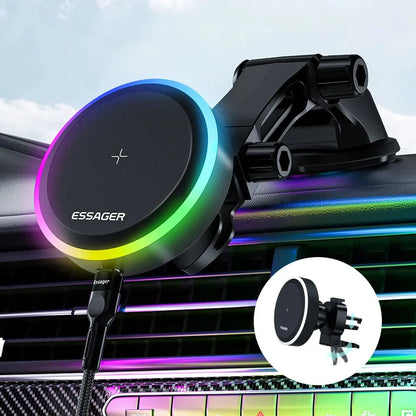 RGB Magnetic Car Phone Holder Qi 15W Wireless Charger