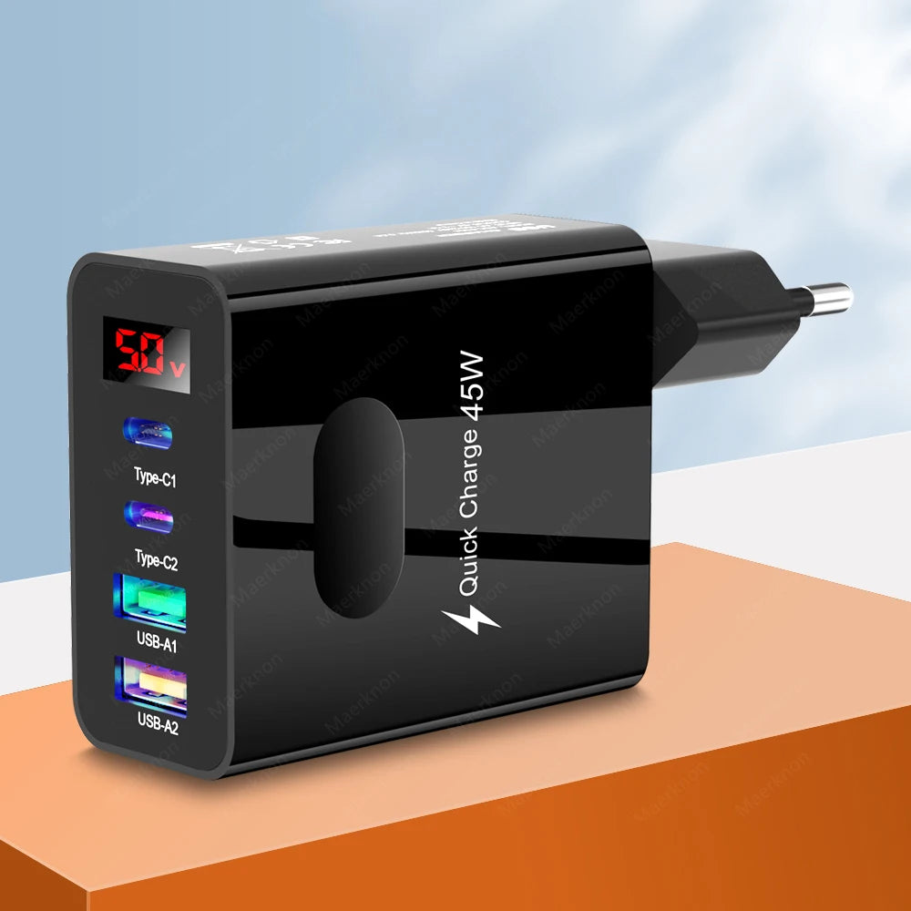45W USB Charger Fast Charging 4 Ports Type C Phone Charger Adapter for Iphone Samsung Xiaomi Digital Display USB C Wall Charger