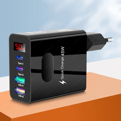 45W USB Charger Fast Charging 4 Ports Type C Phone Charger Adapter for Iphone Samsung Xiaomi Digital Display USB C Wall Charger