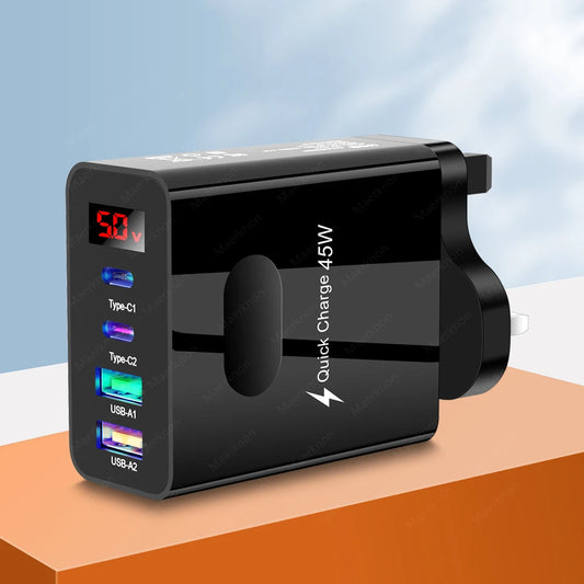 45W USB Charger Fast Charging 4 Ports Type C Phone Charger Adapter for Iphone Samsung Xiaomi Digital Display USB C Wall Charger