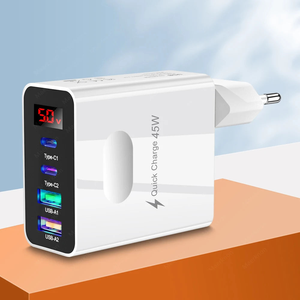 45W USB Charger Fast Charging 4 Ports Type C Phone Charger Adapter for Iphone Samsung Xiaomi Digital Display USB C Wall Charger
