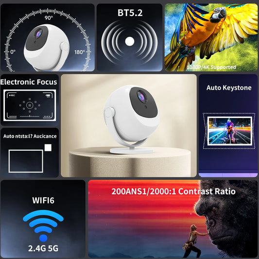 P360 Mini Portable Home Projector 4K Cinema Android11 Wifi 6 BT5.2 Auto Correction 360° Rotatable Outdoor Smart Beamer
