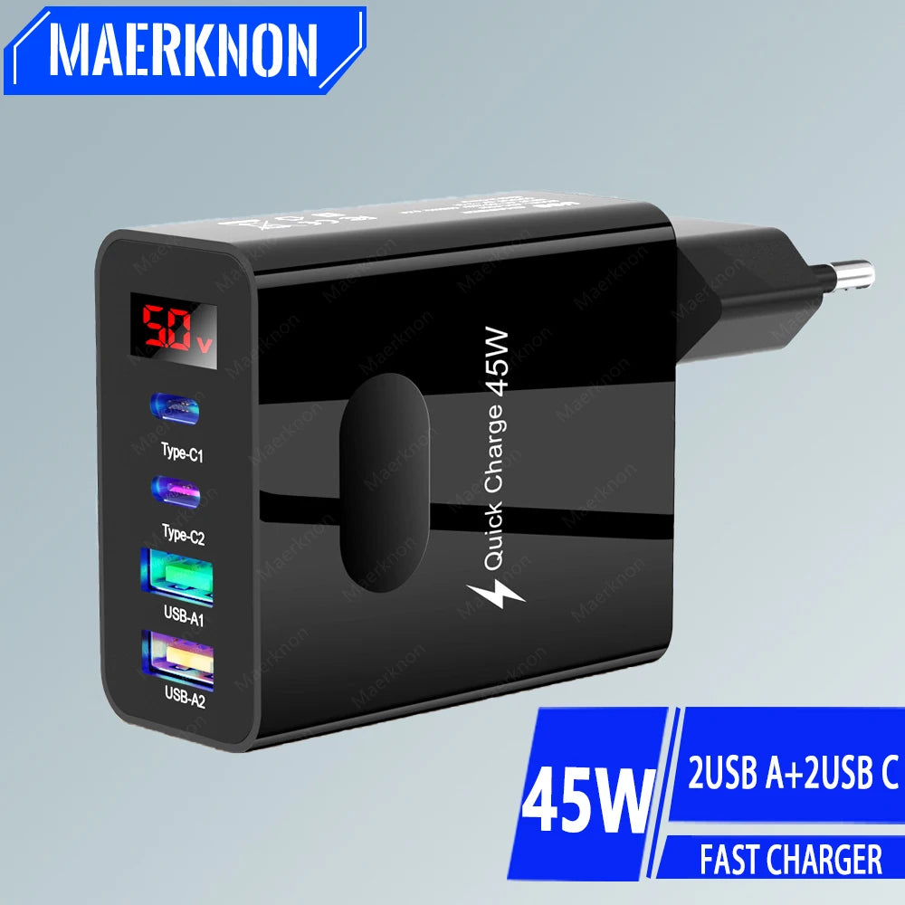 45W USB Charger Fast Charging 4 Ports Type C Phone Charger Adapter for Iphone Samsung Xiaomi Digital Display USB C Wall Charger