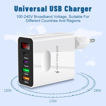 45W USB Charger Fast Charging 4 Ports Type C Phone Charger Adapter for Iphone Samsung Xiaomi Digital Display USB C Wall Charger