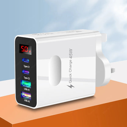 45W USB Charger Fast Charging 4 Ports Type C Phone Charger Adapter for Iphone Samsung Xiaomi Digital Display USB C Wall Charger