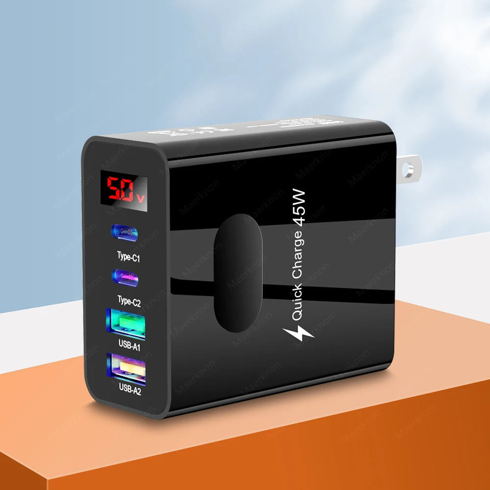 45W USB Charger Fast Charging 4 Ports Type C Phone Charger Adapter for Iphone Samsung Xiaomi Digital Display USB C Wall Charger