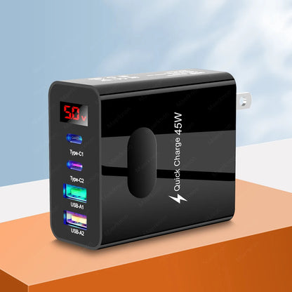 45W USB Charger Fast Charging 4 Ports Type C Phone Charger Adapter for Iphone Samsung Xiaomi Digital Display USB C Wall Charger