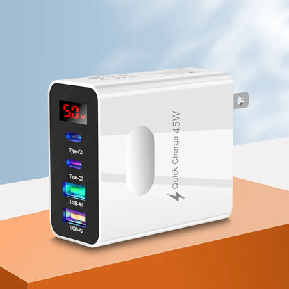 45W USB Charger Fast Charging 4 Ports Type C Phone Charger Adapter for Iphone Samsung Xiaomi Digital Display USB C Wall Charger