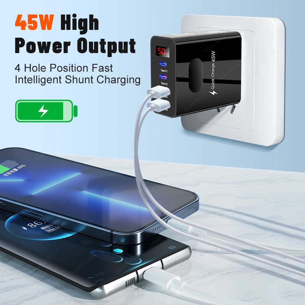 45W USB Charger Fast Charging 4 Ports Type C Phone Charger Adapter for Iphone Samsung Xiaomi Digital Display USB C Wall Charger