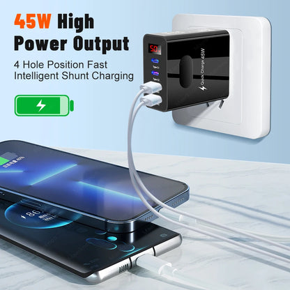 45W USB Charger Fast Charging 4 Ports Type C Phone Charger Adapter for Iphone Samsung Xiaomi Digital Display USB C Wall Charger