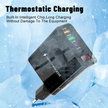 45W USB Charger Fast Charging 4 Ports Type C Phone Charger Adapter for Iphone Samsung Xiaomi Digital Display USB C Wall Charger