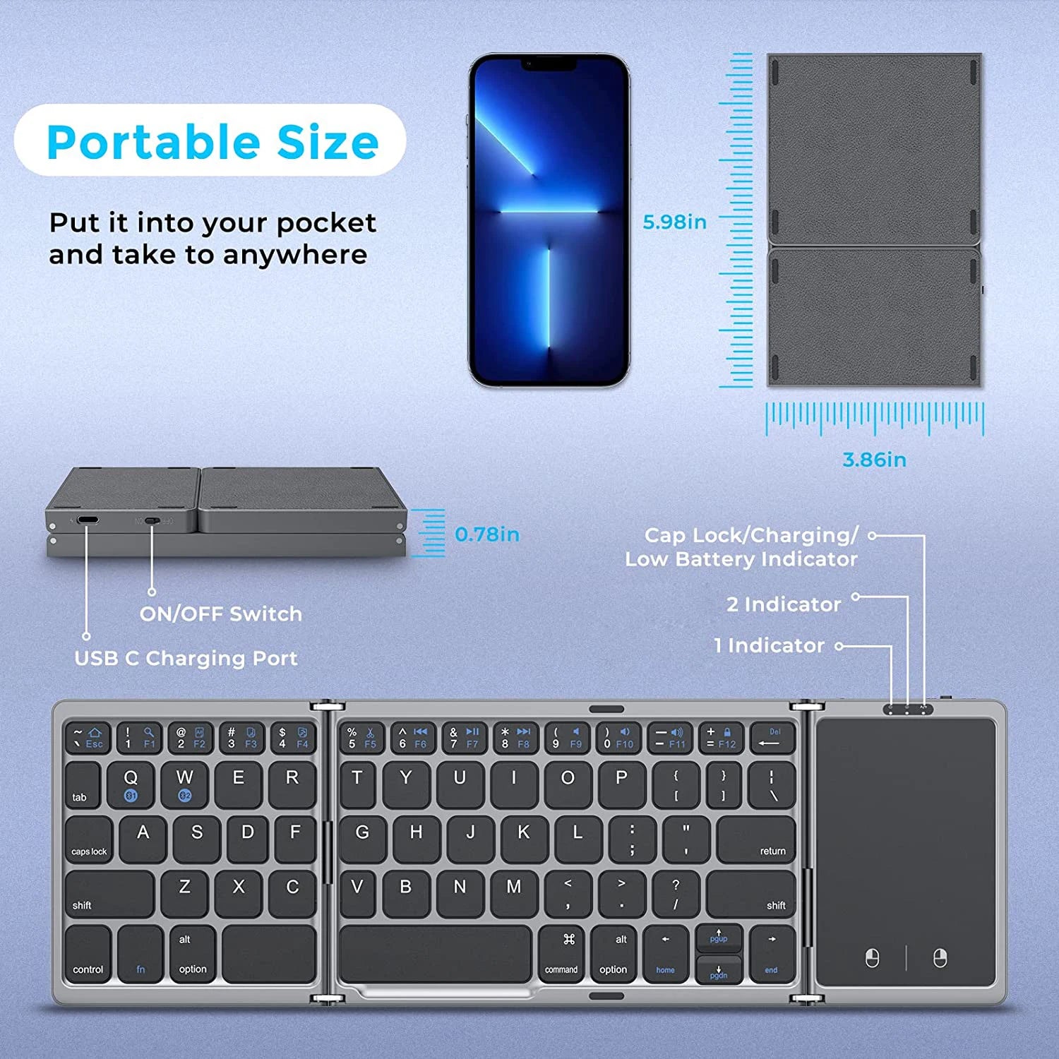 Foldable Wireless Bluetooth Keyboard Rechargeable Folding Portable Keyboard