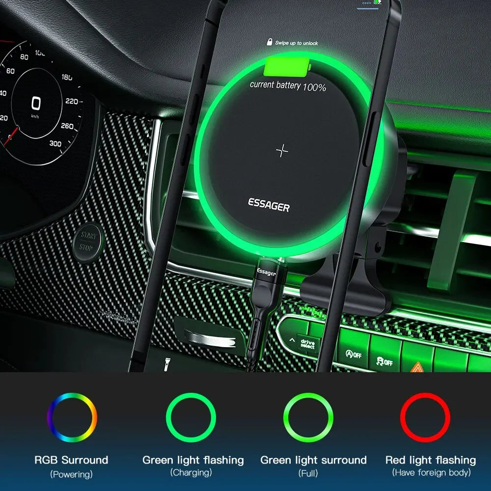 RGB Magnetic Car Phone Holder Qi 15W Wireless Charger