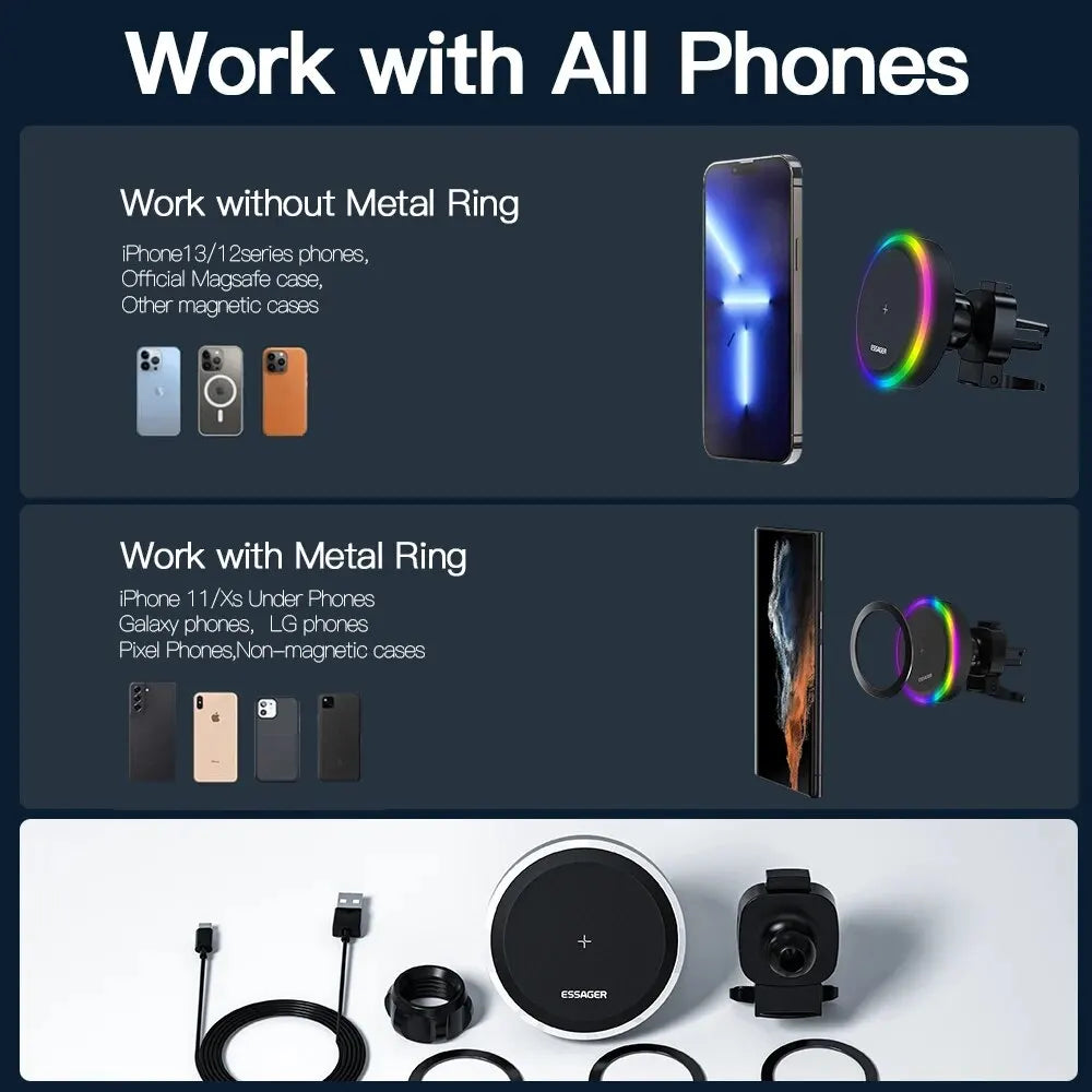 RGB Magnetic Car Phone Holder Qi 15W Wireless Charger