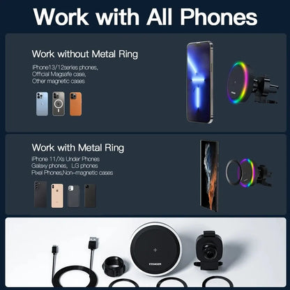 RGB Magnetic Car Phone Holder Qi 15W Wireless Charger