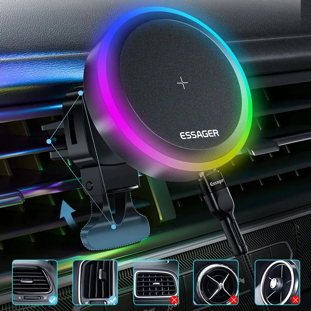 RGB Magnetic Car Phone Holder Qi 15W Wireless Charger