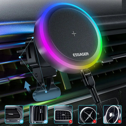 RGB Magnetic Car Phone Holder Qi 15W Wireless Charger